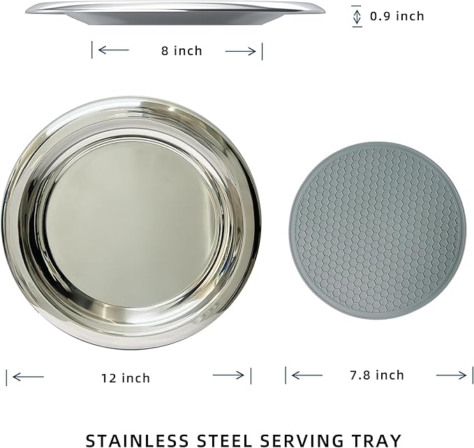 Stainless Steel Round Serving Tray,Metal Decorative Tray,Display Serving Platter for Wine and Glasses,12 Inches