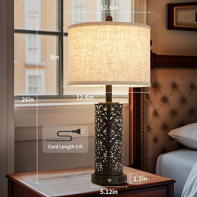 26" Farmhouse Table Lamp Dual Light 3-Way Dimmable Touch Control, 2 USB Ports + AC Outlet Rustic Bedside Lamp for Living Room Bedroom and Nightstand with Nightlight (Black-1 Pack)