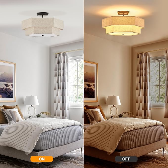 Modern Semi Flush Mount Ceiling Light 18" Modern Black Drum Ceiling Lighting Fixture with Linen Shade Vintage Ceiling Lamp for Living Room, Bedroom, Kitchen, Dining Room, Hallway, and Entryway