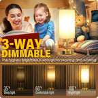Bedside Lamp with USB port - Touch Control Table Lamp for Bedroom Wood 3 Way Dimmable Nightstand Lamp with Round Pleated Shade for Living Room, Dorm, Home Office (LED Bulb Included) (Pleated)