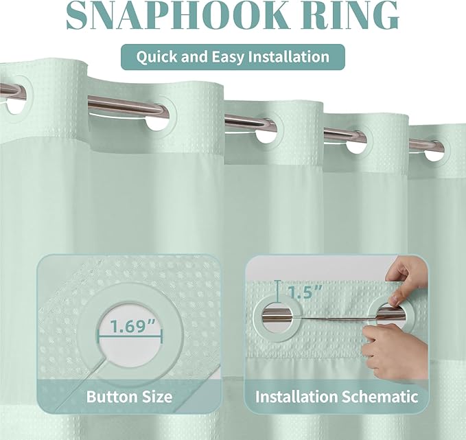 MintGreen No Hook Waffle Weave Shower Curtain with snap-in Liner Replacement, 230GSM Waterproof Fabric Hotel Shower Curtain Set for Bathroom, Through Mesh Top Window,71Wx77H