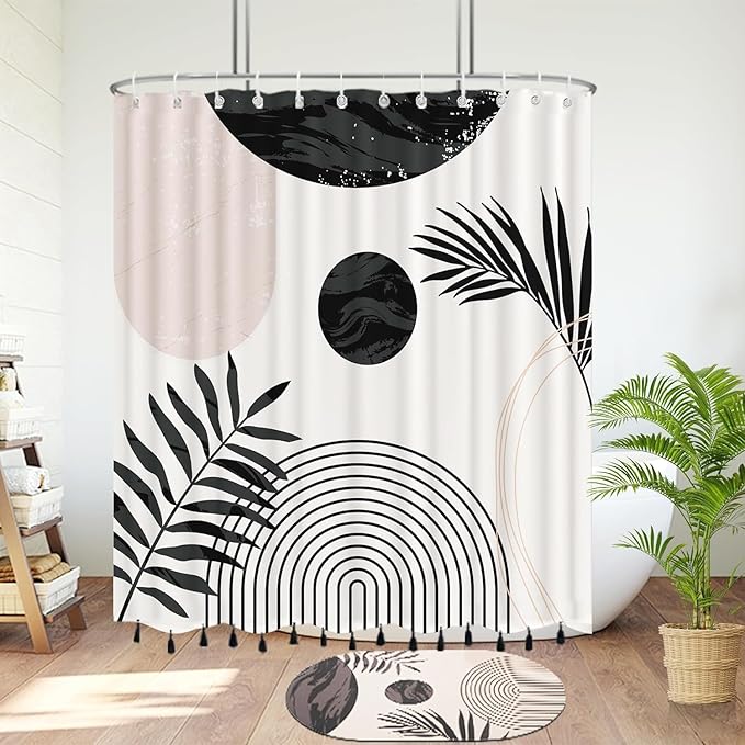 Boho Mid Century Leaf Shower Curtain Set,Arch Sun Design,Minimalistic Leaves Pattern,Waterproof and Luxurious Fabric-12 Hooks(Black and White-72" x 96")