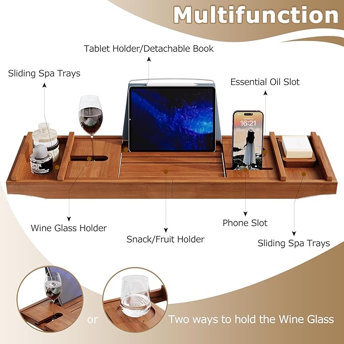 Teak Bathtub Tray, Wooden Bath Tub Tray Expandable Teak Bath Caddy with Book and Wine Glass Holder