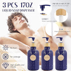 Navy Blue Bathroom Accessories Set 17PCS Bathroom Set with Trash Can 3PCS Lotion Soap Dispenser, Toothbrush Holder,6PCS Wood Tags Bath Accessories with Tray for Kitchen Bathroom