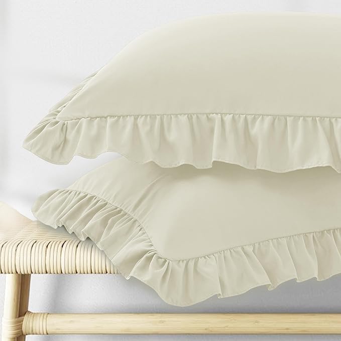 KKJIAF Ruffle Pillow Cases Queen Size Set of 2, Ruffled Pillow Covers with Envelope Closure, Wrinkle Resistant Ruffled Pillow Shams 20" x 30", Beige