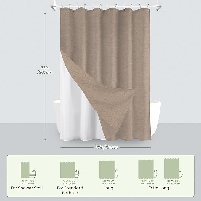 Inhousolu Boho Farmhouse Shower Curtain with Fabric Liner Set, Faux Linen Textured, 14 Metal Hooks Luxury Weighted Hem, Washable Wrinkle Free Bath Curtain for Hotel Bathroom 72" W x 78" L Beige