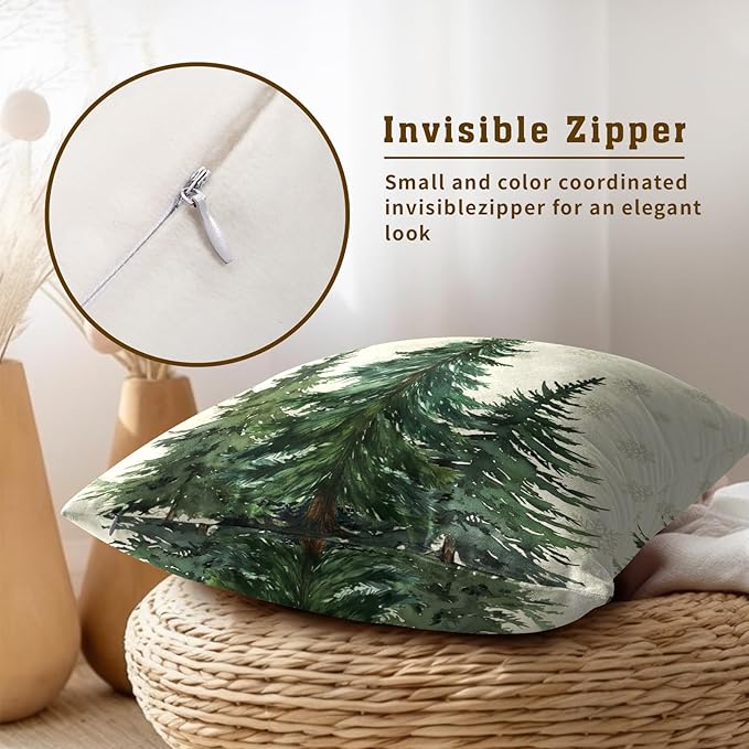 Green Christmas Tree Pillow Covers 16x16 in, Winter Nature Birch Forest Snowflake Throw Pillows Cover Farmhouse Decorative Pillow Case for Couch Bed Sofa Outdoor Patio Decor