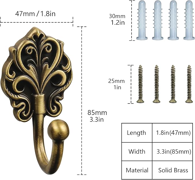 Solid Brass Wall Hooks 2 Pack – Heavy-Duty Decorative Coat Hooks with Antique Floral Design, Rustproof Hangers for Bathroom, Entryway, Bedroom, Closet