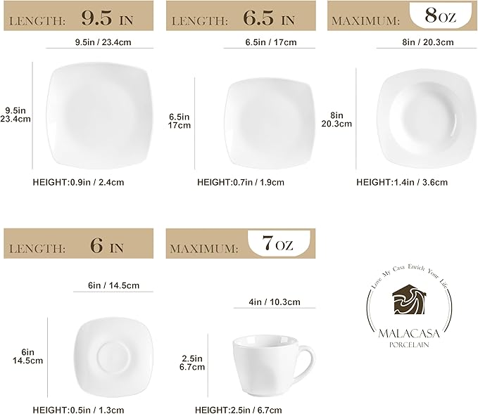 MALACASA Dinnerware Sets, 30-Piece Porcelain Gray White Dinnerware Set Microwave Safe, Square Dish Set with Plates and Bowls Sets, Mugs and Saucers Set for 6, Series Julia