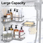 YASONIC Corner Shower Caddy Organizer, 3-Pack Self-Adhesive Rustproof Bath Shelves with Soap Holder & 4 Hooks, Large Capacity Shower Storage Rack for Bathroom Organization, Grey
