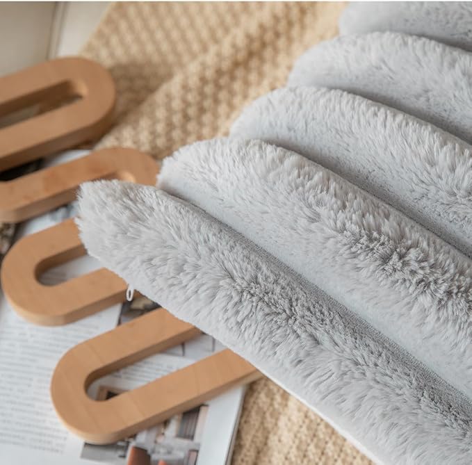 Faux Fur Plush Throw Pillow Covers 16x16 Inch Set of 2 - Luxury Decorative Fuzzy Striped Soft Cozy Pillowcase for Couch, Sofa, Living Room - Light Grey
