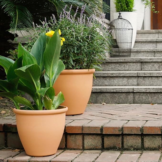 WORTH Garden 2-Pack 15" Dia. Round Planters - Large Terracotta Color Plastic Pots for Indoor & Outdoor Plants - Lightweight Decorative Flower Containers for Porch, Patio, Yard, or Deck
