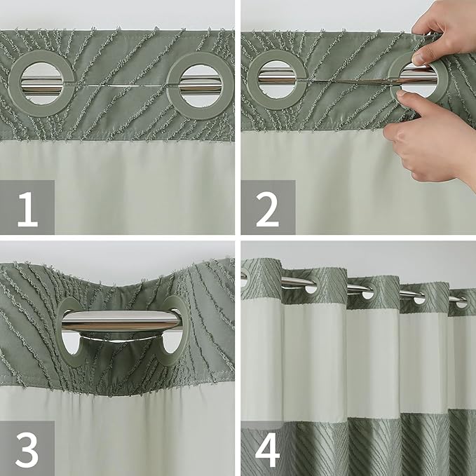 no Hook Shower Curtain and Liner Set，Boho Style with See Through Top Window, SageGreen Fabric Tufted Striped Textured Outer Curtain & Waterproof Inner Liner, SageGreen, 71Wx74H