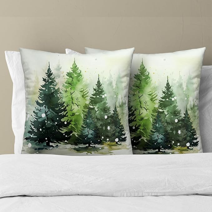 Christmas Tree Throw Pillow Covers 16x16 Set of 2, Winter Green Xmas Trees Snow Woodland Decorative Pillow Cases Cotton Cushion Cover for Couch Sofa Farmhouse Home Decor
