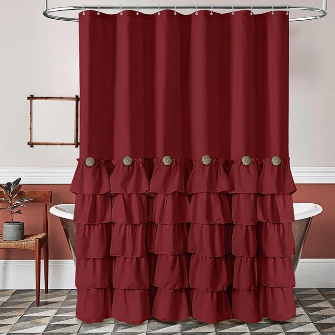 Seasonwood Burgundy Shower Curtain with Nature Buttons Ruffle Shower Curtains Farmhouse Shower Curtain for Bathroom 72" W x 72" L,Burgundy/Red