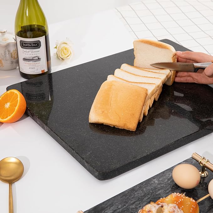 Natural Black Marble Cutting Board For Kitchen, 16 x 20 Inch Marble Slab Granite Cutting Board With Non-Slip Feet For Baking, Cheese, Chocolate, Black Granite