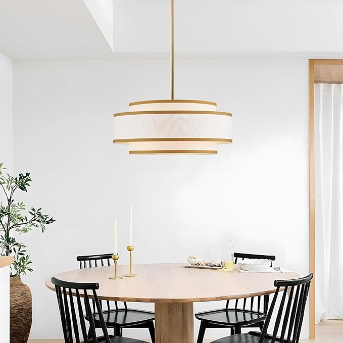 19.7" Gold Drum Chandelier with White Linen Lampshade 4-Light Modern Farmhouse Chandelier Light Fixture for Dining Room, Kitchen Island, Foyer Entryway Bedroom