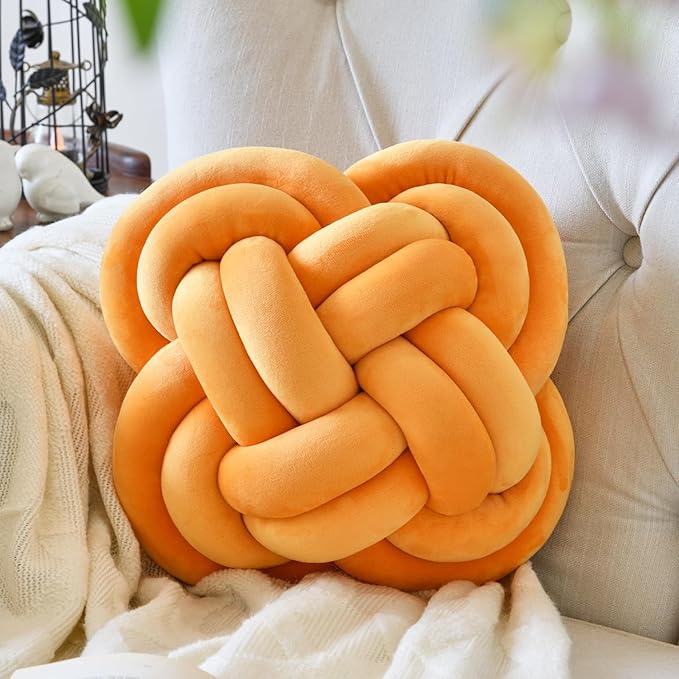 Xuyier Knot Pillow Ball, Decorative Throw Pillows with Velvet Fabric for Couch Bed, 12" Decor Knotted Square Floor Pillow Cushions for Living Room (12 Inches, Dark Yellow)