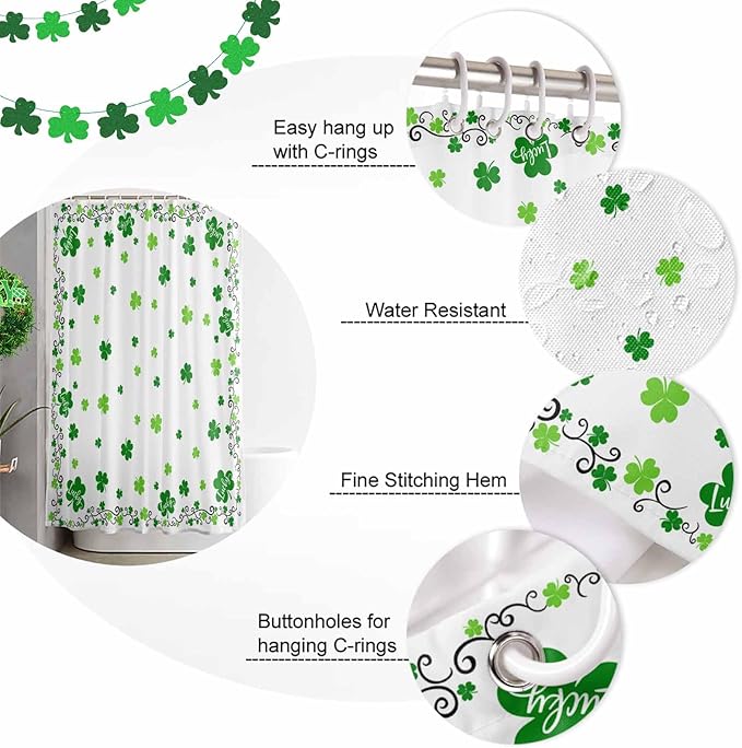 St. Patrick's Day Shower Curtain, Green Shamrock Irish Clover Shower Curtains Set with Hooks, Seasonal Spring Holiday Waterproof Fabric Bathroom Curtains Decor Home Accessories,72 X 78 Inch Long