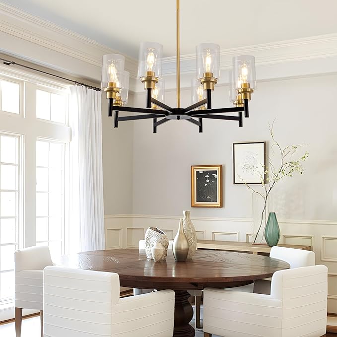 8 Light Gold Chandelier for Dining Room Light Fixtures Black & Brushed Brass Modern Farmhouse Chandelier Industrial Hanging Pendant Lighting for Living Room Kitchen with Glass Shade
