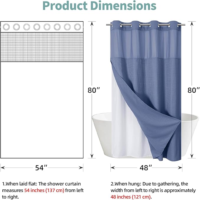 MoonLightBlue No Hook Waffle Weave Shower Curtain with snap-in Liner Replacement, 230GSM Waterproof Fabric Hotel Shower Curtain Set for Bathroom, Through Mesh Top Window,54Wx80H