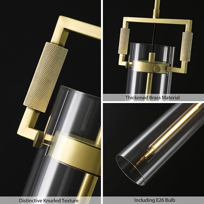 Modern Gold Pendant Light Set of 2, 21.6'' Pendant Lights Kitchen Island, Adjustable Height Brass Glass Pendant Light Fixtures, Large Pendant Lights for Dinning Room Farmhouse Bathroom