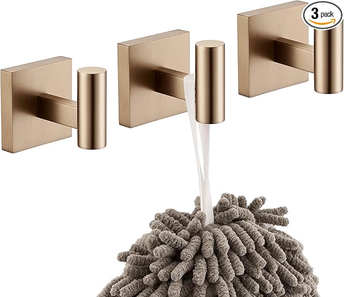 KOKOSIRI Robe Hooks for Wall Mount Bathroom Towel Hook, Coat Hooks Bath Storage Hardware 3 Pack Champagne Bronze Stainless Steel B1013CPG-P3
