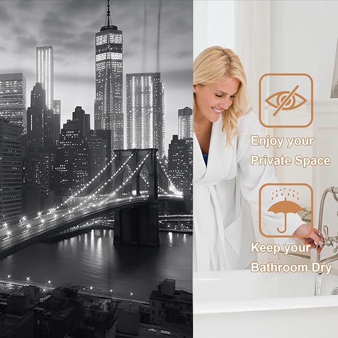NYC Manhattan Brooklyn Bridge Shower Curtain New York Skyline Building Night View Shower Curtain Set with 12 Hooks 72x84 inch Polyester Machine Washable, Grey and White