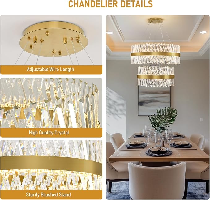 Modern Crystal Chandeliers, Double Tier 32"+24" Large High Ceiling Chandelier. Elegant Crystal Chandelier Hangs from The Ceiling of The Living Room, Stairwell, and Foyer.