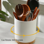 KSENDALO 7.8" Rotating Untensil Holder for Countertop, 360° Jumbo Ceramic Kitchen Organizer Utensil Crock with Rotable Bamboo Base- Modern Countertop Storage for Spatulas & Spoons, Flowers etc, White