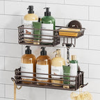 TAILI Shower Caddy Suction Cup 2 Pack with Hooks & Soap Holder, Heavy Duty Shower Organizer for Bathroom, No Drilling Bathroom Organizer with Large Capacity, Metal Storage Basket-Brown