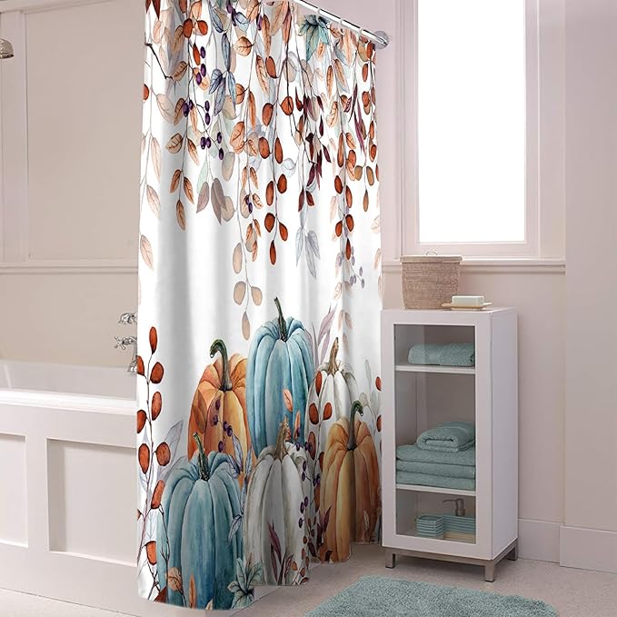 Fall Thanksgiving Shower Curtain, Watercolor Autumn Pumpkins Eucalyptus Leaves Shower Curtains Set with Hooks, Blue Orange Waterproof FabricBathroom Decor Home Accessories,72X 96 Inch Extra Long