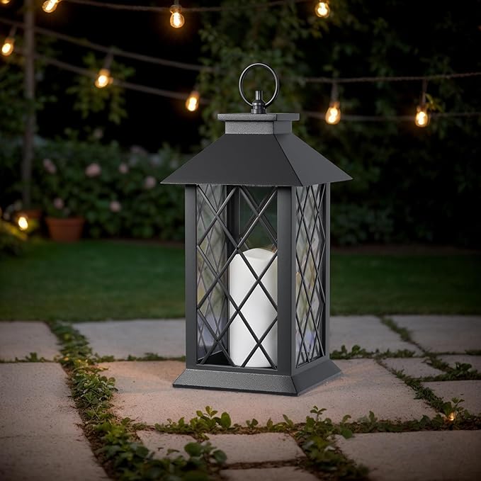 Christmas Lanterns Decorative Indoor, 14" Battery-Powered Waterproof Black LED Candle Lanterns with Timer for Patio & Outdoor, Vintage Hanging Lantern for Xmas Home Decorations, Diamond