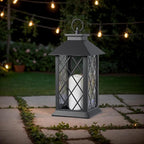 Christmas Lanterns Decorative Indoor, 14" Battery-Powered Waterproof Black LED Candle Lanterns with Timer for Patio & Outdoor, Vintage Hanging Lantern for Xmas Home Decorations, Diamond