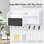 Mail and Key Holder – Wall Mount Key Hanger with Shelf and 7 Metal Hooks – Decorative Natural Paulownia Wood Entryway Organizer with Mounting Hardware (16.5”W x 8.7”H x 3.5”D) (White)