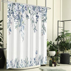 Eucalyptus Shower Curtain, Blue Watercolor Leaves with Floral Botanical Bathroom Decor, Waterproof Fabric Bath Curtain Set with Hooks, 72x72 Inches
