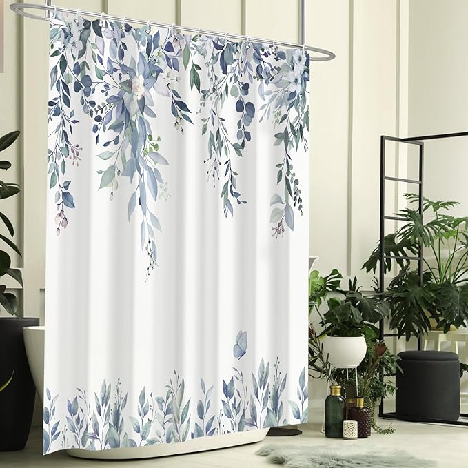 Eucalyptus Shower Curtain, Blue Watercolor Leaves with Floral Botanical Bathroom Decor, Waterproof Fabric Bath Curtain Set with Hooks, 72x72 Inches