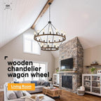 2 Tier Wagon Wheel Chandelier Large Wooden Farmhouse Pendant Light Fixture 24-Light 43" Rustic Round Chandeliers for Foyer Living Room Entryway