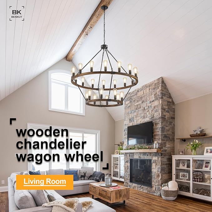 2 Tier Wagon Wheel Chandelier Large Wooden Farmhouse Pendant Light Fixture 24-Light 43" Rustic Round Chandeliers for Foyer Living Room Entryway