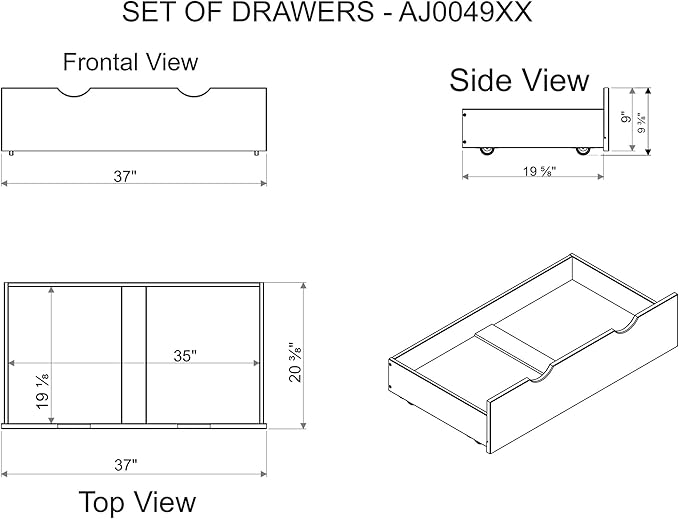 Espresso Underbed Storage Drawers, Set of 2, Solid Wood Construction, Easy Wheel Movement, Fits Bed Frames 9.75 in. or Higher, Ideal for Children's Bedroom, 35 in. W x 19.25 in. D x 8 in. H