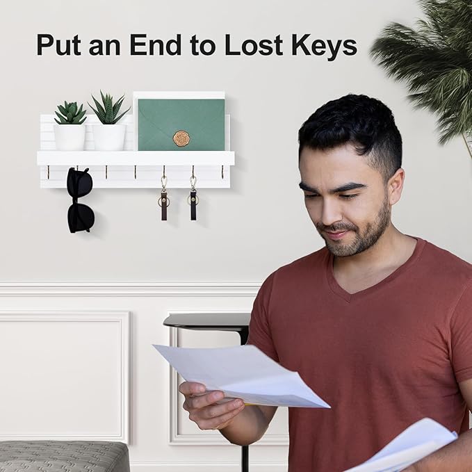 Key Holder Wall Mount, Entryway Mail Organizer with Shelf, Decorative Key Hanger with 7 Hooks Holds Leashes and Glasses, Includes Mounting Hardware (13.8” x 5.3” x 3.2”)