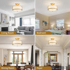 Modern Drum Ceiling Light, Semi-Flushmount Close to Ceiling Light Fixture for Living Room, Bedroom, Dining Room,Kitchen, D13 x 8 in, Linen Fabric Shade & Gold Finish Metal Frame