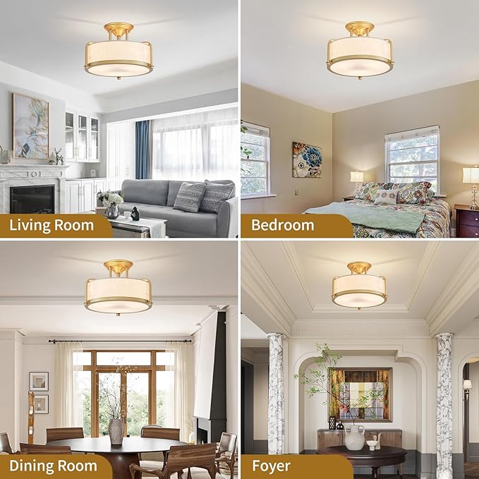 Modern Drum Ceiling Light, Semi-Flushmount Close to Ceiling Light Fixture for Living Room, Bedroom, Dining Room,Kitchen, D13 x 8 in, Linen Fabric Shade & Gold Finish Metal Frame