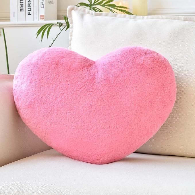 Peach Pink Heart Pillows, Cute Heart Decorative Pillow, Heart Shaped Throw Pillows for Bed, Faux Rabbit Fur Plush Hoom Decor Pillow Cushion for Chair Sofa Living Room (Large-19.6"x15.7")