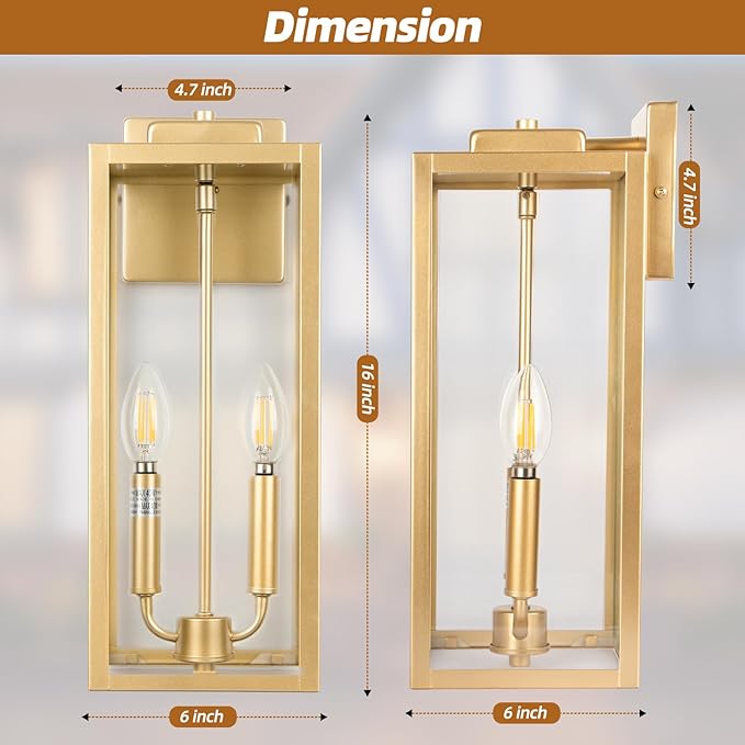 Gold 2-Light Large Outdoor Wall Lighting 16", Candle Light Square Outdoor Light Fixture IP65 Waterproof with Clear Tempered Glass Porch & Patio Light Brass Exterior Wall Sconce Lantern E12