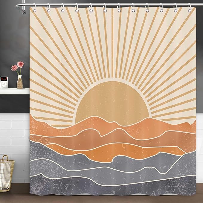 Boho Shower Curtains for Bathroom Abstract Sun Mountain Mid Century Minimalist Bathroom Shower Curtains Set Waterproof Polyester Fabric Rustic Vintage Decorative 72x72 Inch