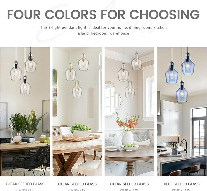 Emliviar Modern Kitchen Chandelier Brushed Nickel, 3-Light Hanging Pendant Lighting with Seeded Glass, Cluster Pendant Light Fixture for Entryway and Bedroom, DYE286G2-3 BN