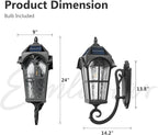 Emliviar Exterior LED Solar Wall Sconce with Remote Control, 24'' Front Door Wall Lantern with Water Grain Glass Shade, Waterproof Solar Black Wall Light with E26 Bulb, YXE302MB-SL BK