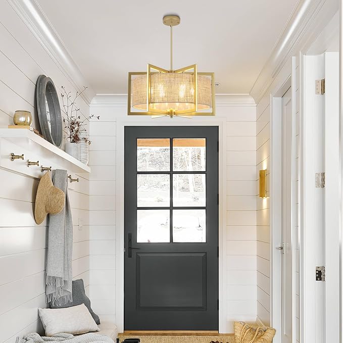 ALISADABOY Sprayed Gold Chandelier for Dining Room 21.25’’ Modern Farmhouse Geometric Drum Chandelier Industrial 6 Light Pendant Light Fixtures for Kitchen Island Entryway Foyer Hallway