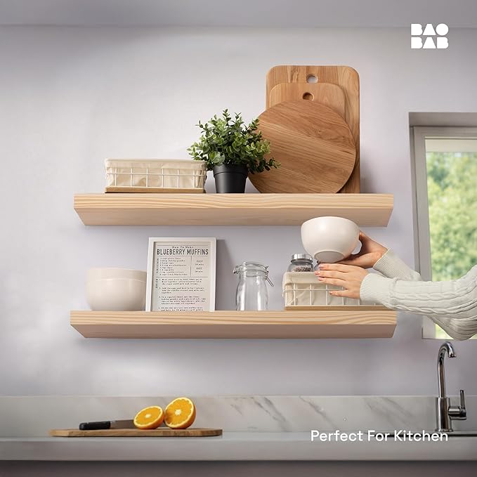 BAOBAB WORKSHOP Solid Wood Floating Shelves for Wall 30 Inches Long, Wooden Shelf Bathroom Large, Light Oak Floating Shelves for Room Wall Mounted Kitchen Farmhouse, Natural Wood, 30W × 6.7D, Set of 2